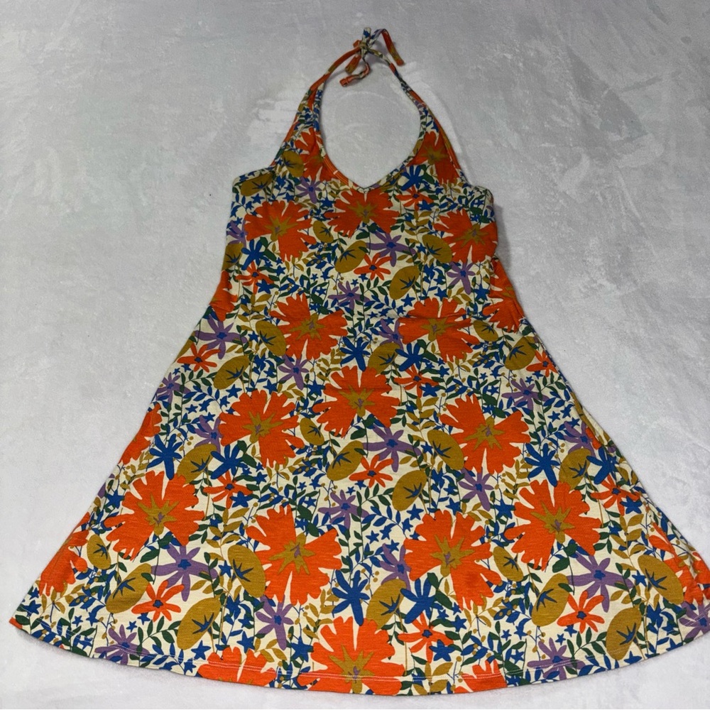 Toad&Co Backless Halter Floral Dress in Orange, Blue, Yellow, Purple